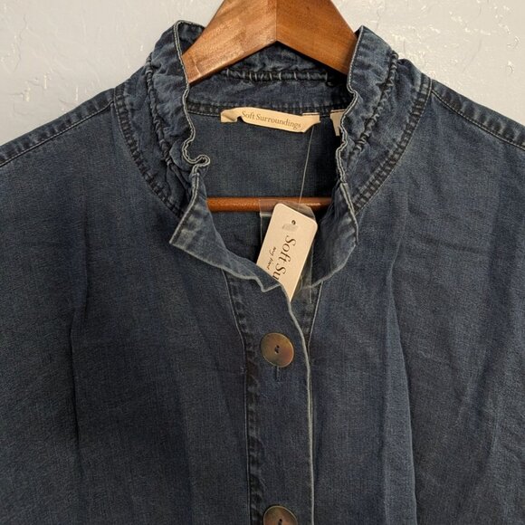 Soft Surroundings Women 2X Tencel Denim Button-Up Shirt Ruffle Collar Split Cuff - Picture 2 of 14